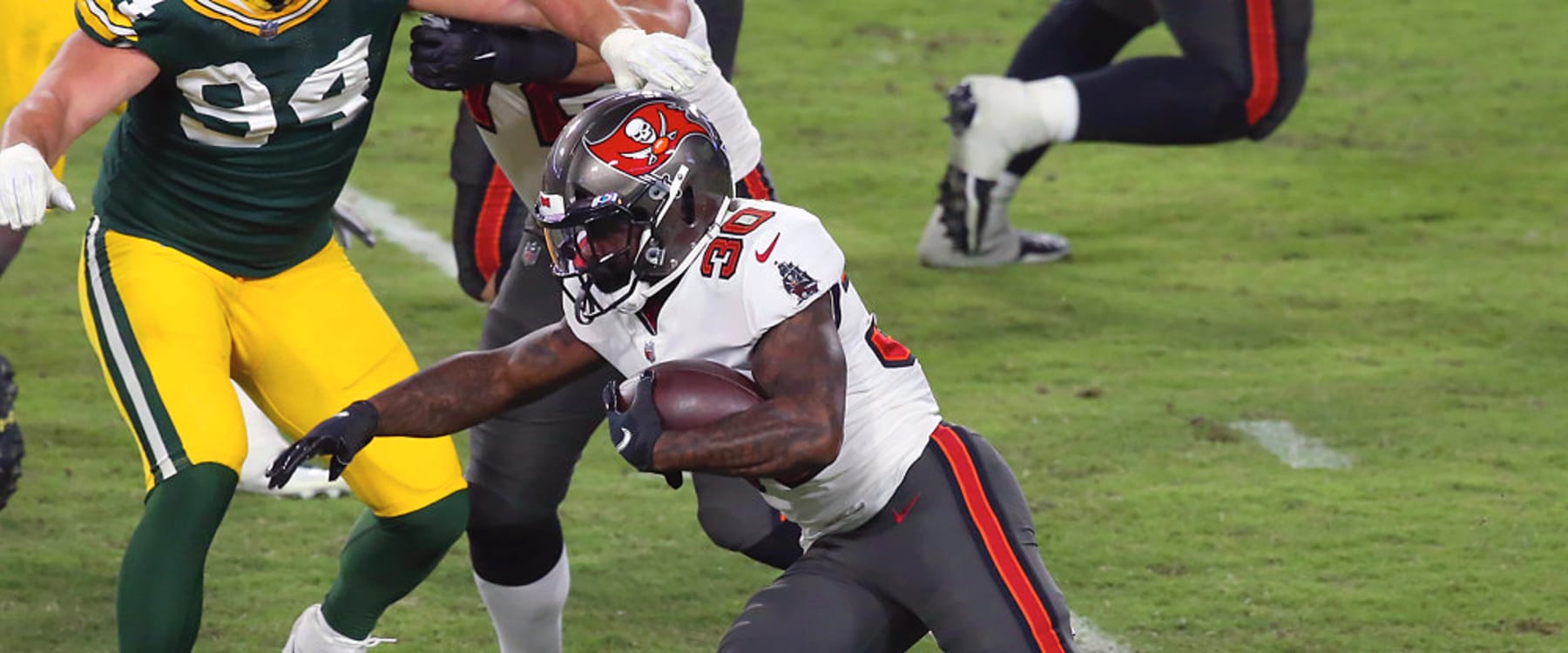 Ke'Shawn Vaughn of the Tampa Bay Buccaneers rushes the ball