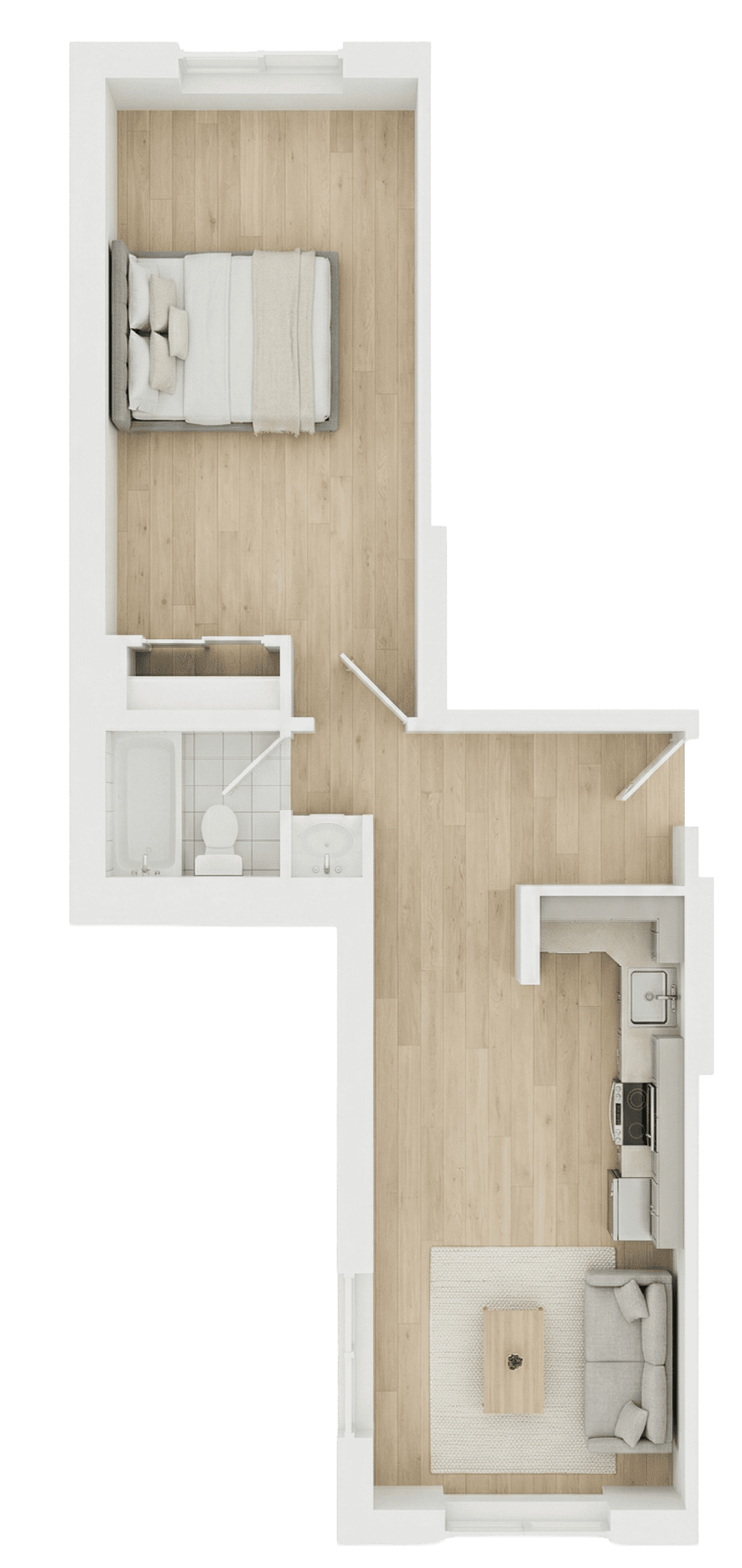 The floor plan, in three dimensions, of the A6.1 layout