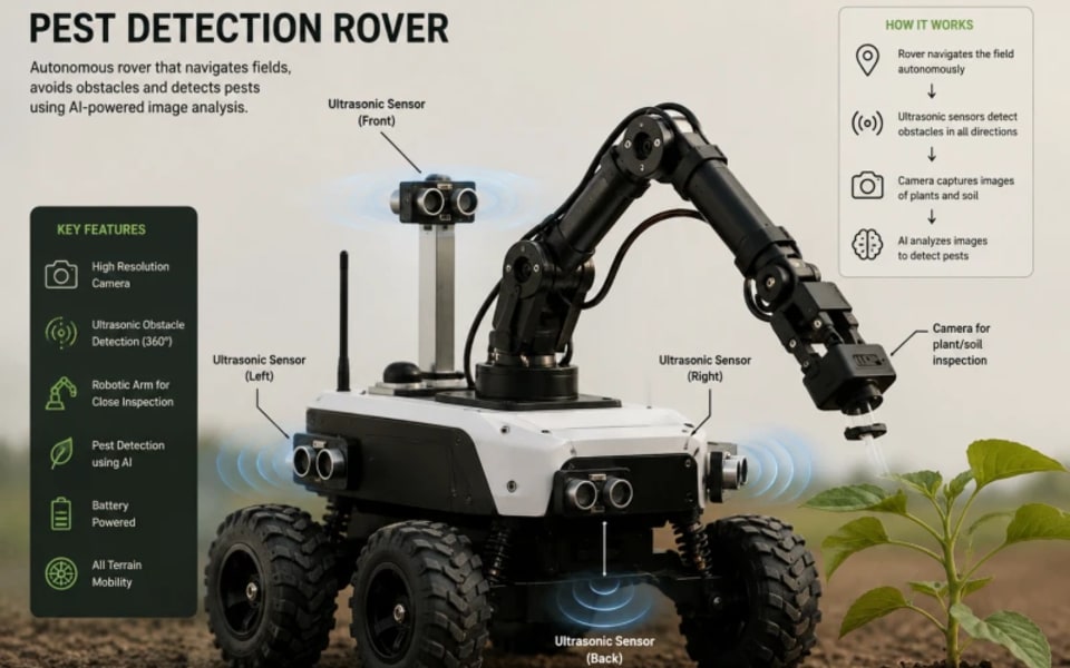An autonomous rover that patrols a farm plot and uses computer vision to detect soil and crop pests. Each time a pest is identified, it sends an instant alert to the owner's phone via Telegram, enabling timely, targeted intervention and reducing crop losses.