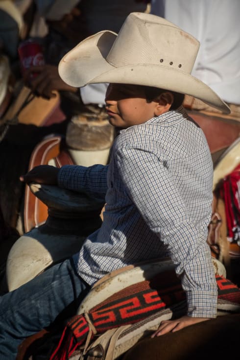 Cowboy watching horses being roped.