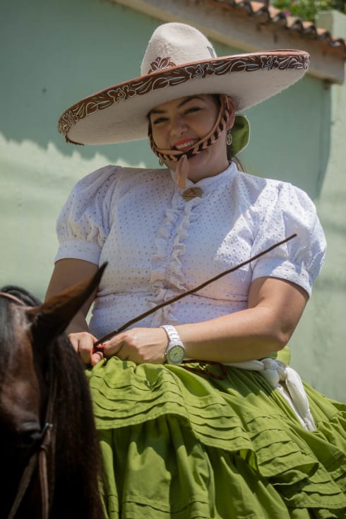 Escaramuza cowgirl Minnie Kleine on el Día del Charro in Ajijic, Jalisco, Mexico.