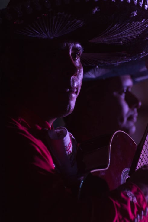 Mariachis Hector Flores and Carlos Álvarez during a performance of traditional mariachi music in Ajijic, Mexico.