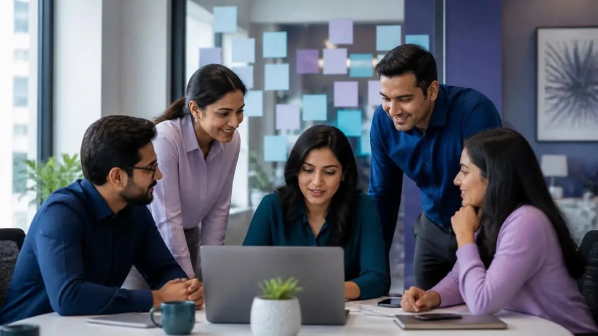 Team lead and colleagues encouraging a teammate as she tries an AI tool on a laptop