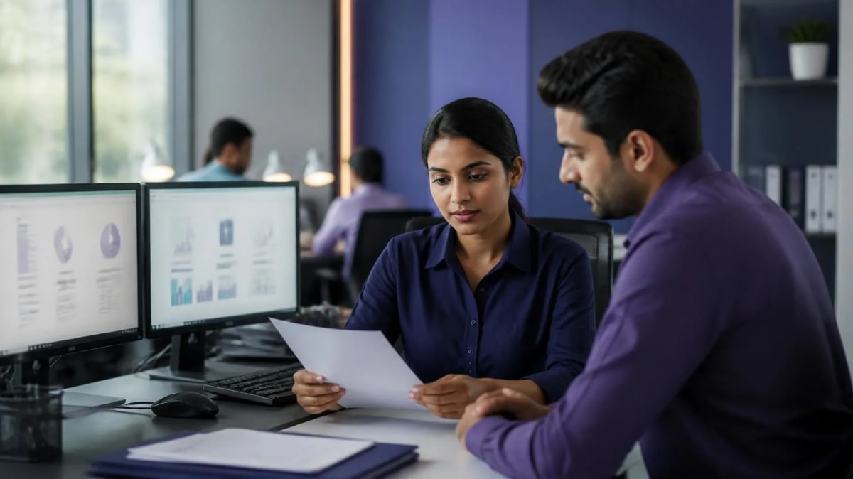 Two bank operations colleagues reviewing a document against reporting dashboards
