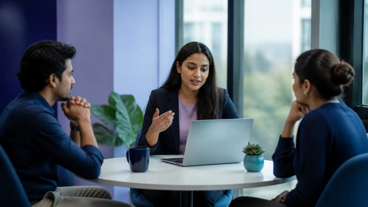 Candidate explaining her work on a laptop to two interviewers at a round table