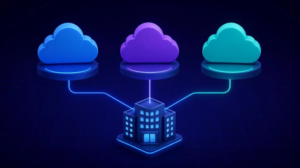 Illustration of three cloud platforms connected to one enterprise office building