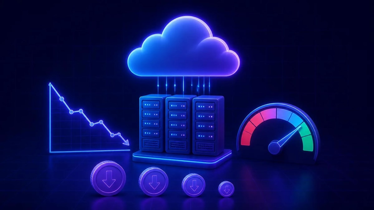 Illustration of cloud servers with a falling cost chart, shrinking coins and a gauge moving into the green