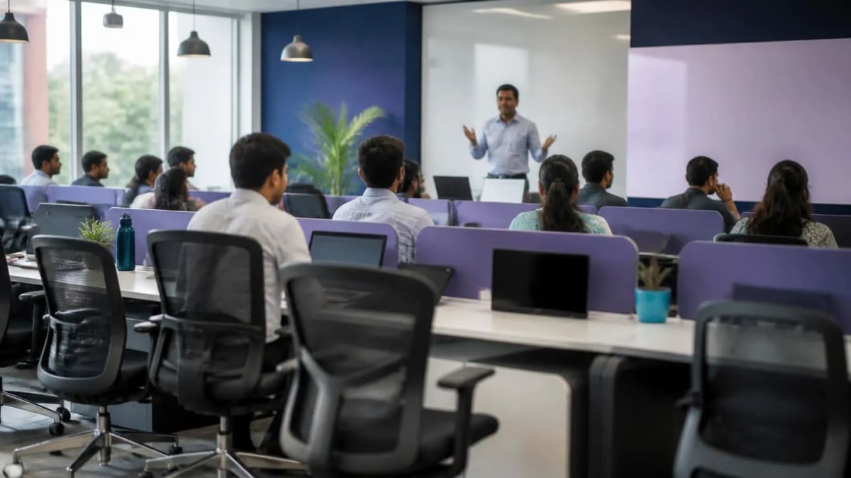 Employees in an open-plan office attending an AI training session, with empty chairs in the foreground