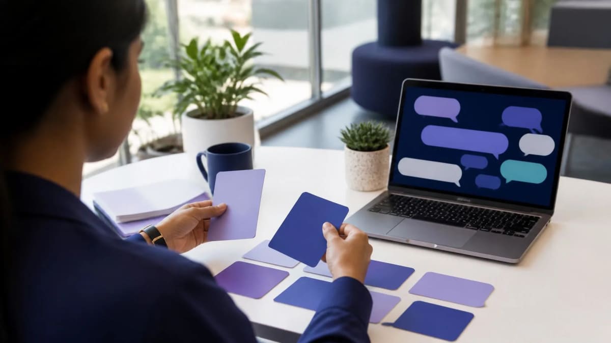 Professional arranging colour-coded template cards beside a laptop showing a chat conversation