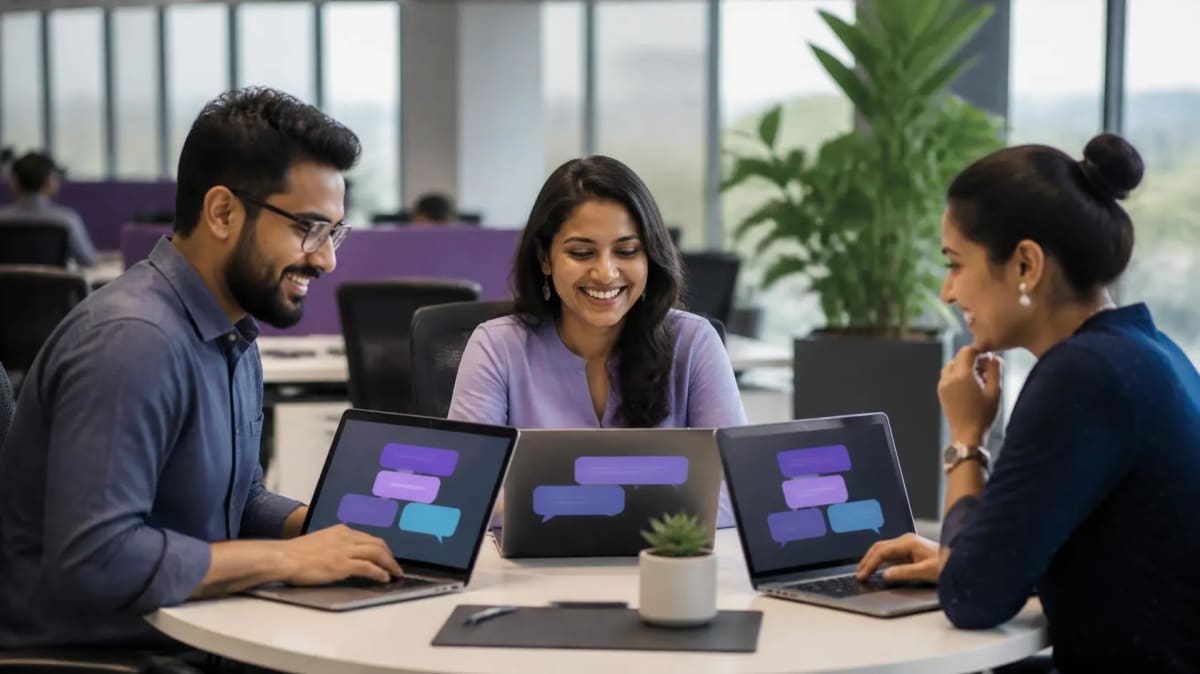 Three colleagues smiling as they work with AI chat assistants on their laptops