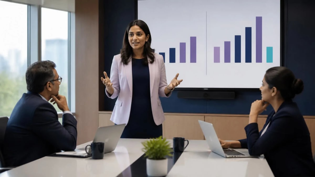L&D manager presenting a rising bar chart to two leaders in a boardroom