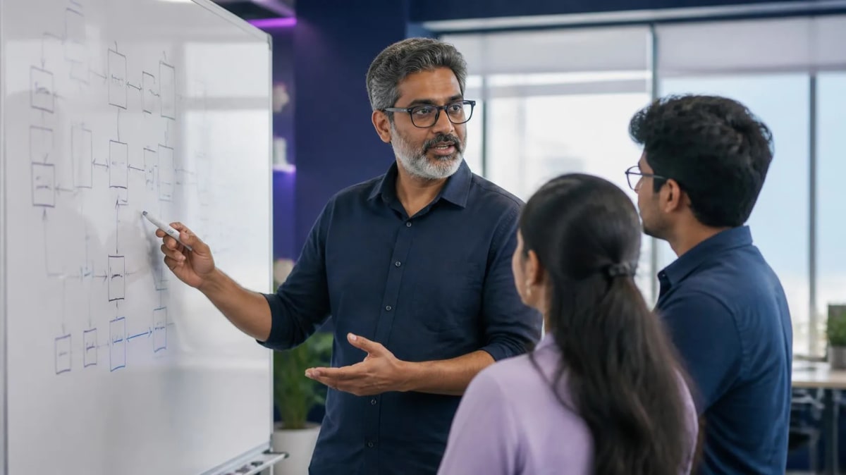 Engineering manager explaining an architecture diagram on a whiteboard to two team members