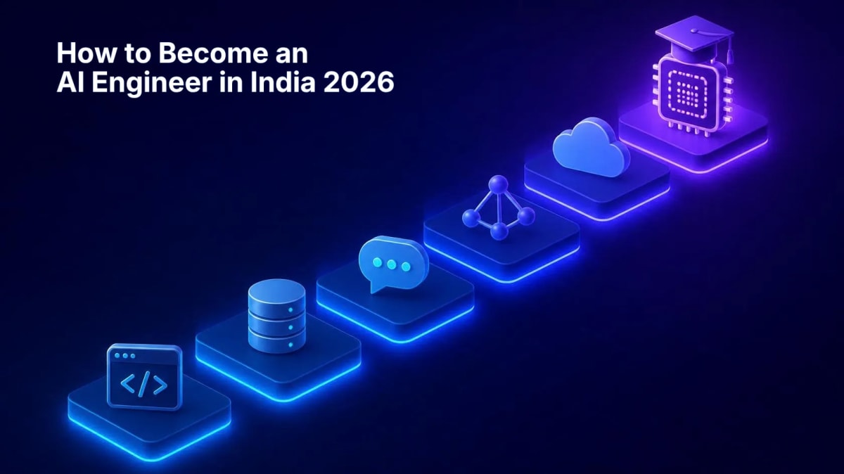Illustration of a glowing staircase from a code icon through data, chat, network and cloud steps to an AI chip with a graduation cap, titled “How to Become an AI Engineer in India 2026”