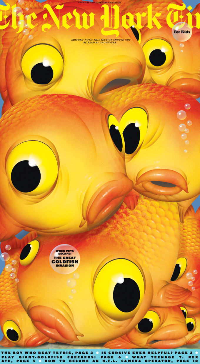 An illustration of a zoomed in pile of goldfish with giant eyes and puckered lips. There are small water bubbles in various places.