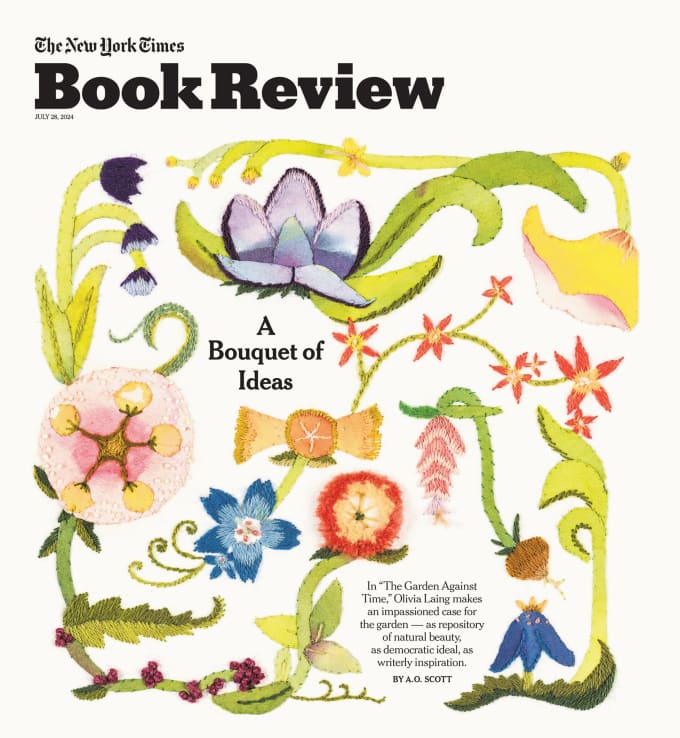 This illustration depicts an embroidered bouquet of colorful flowers tied at the stems with an orange ribbon.