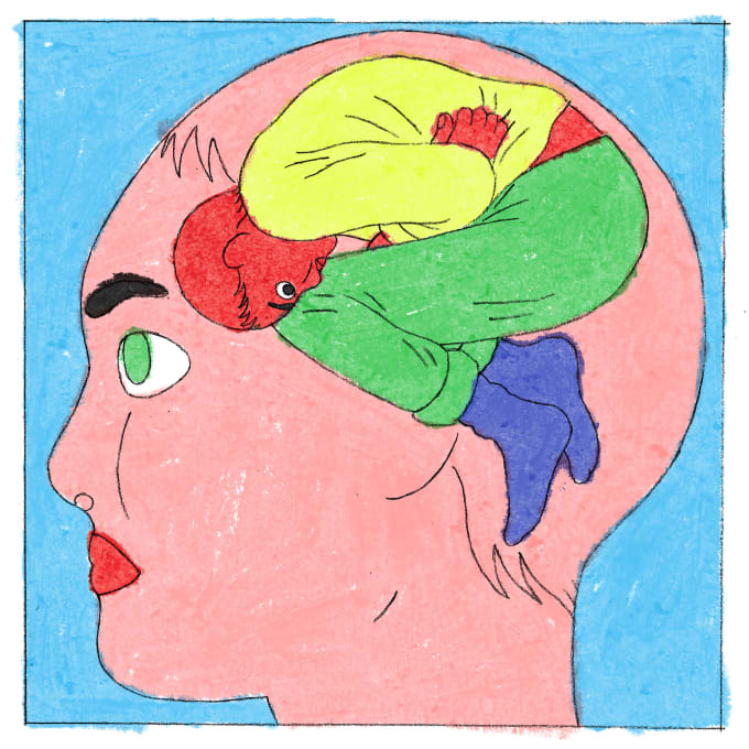 An illustration of a person's head in which the brain is depicted as a person under mental stress.