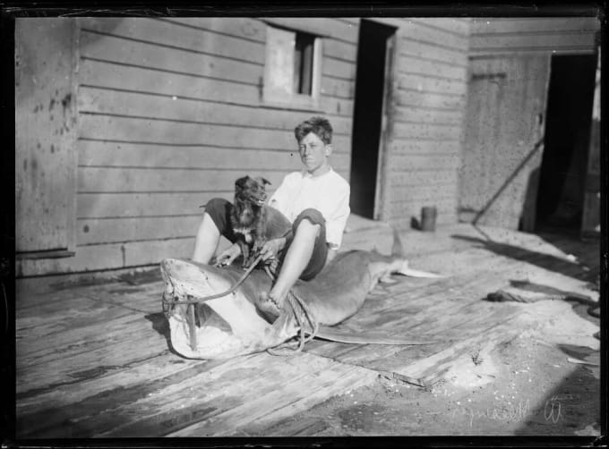 A boy and his dog perched on a dead shark, New South Wales c. 1930.