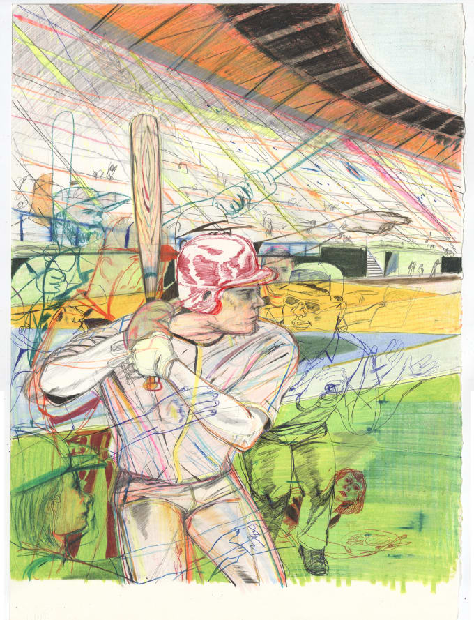 A colored pencil and rendered drawing of a baseball player up to bat. Surrounding the player are different colored line drawings of various people.