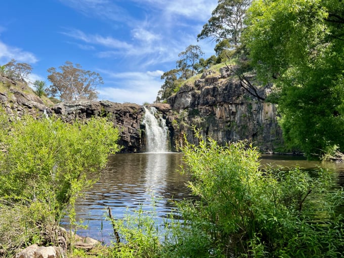 A lush waterfall surrounded by greenery