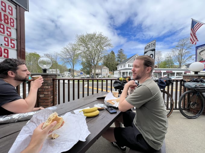 Myles and Lukas having a chat over lunch