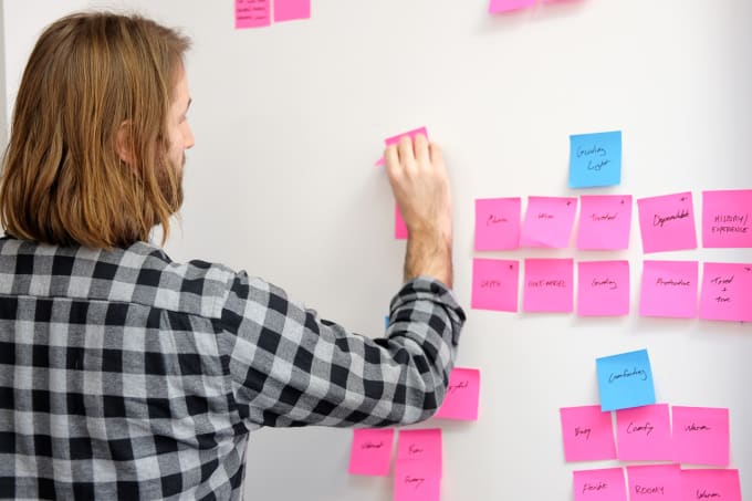 A person putting sticky notes on a wall.