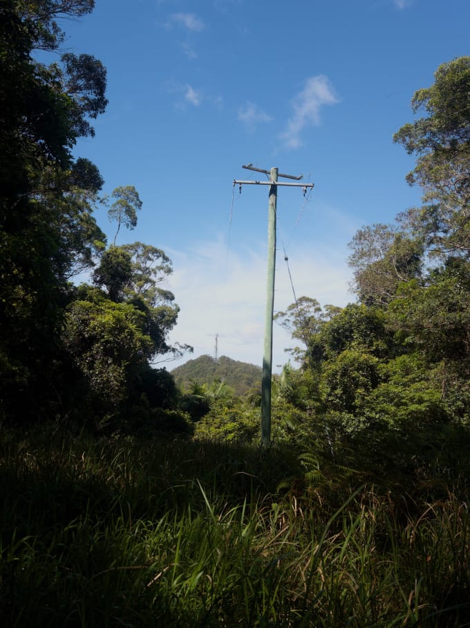 Two power lines running across the bush and up to the mountain