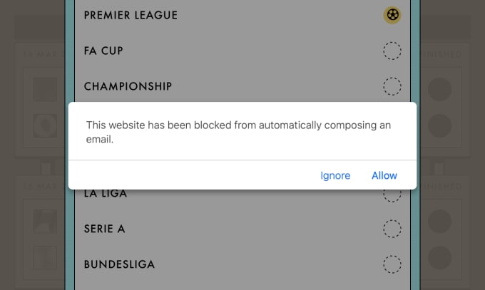 A browser alert on Safari saying 'This website has been blocked from automatically composing an email.'