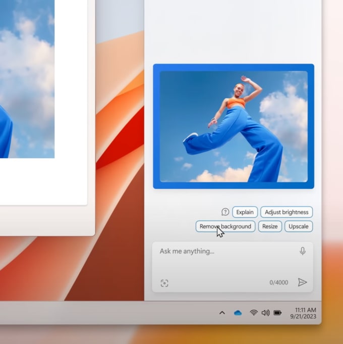 A screenshot of a user prompting the computer to remove the background of a photo.