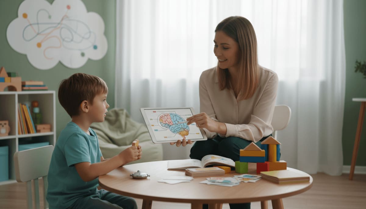 Mesa de consultório com materiais de testagem neuropsicológica