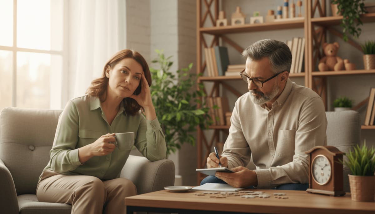 Adulto olhando agenda com expressão de dúvida