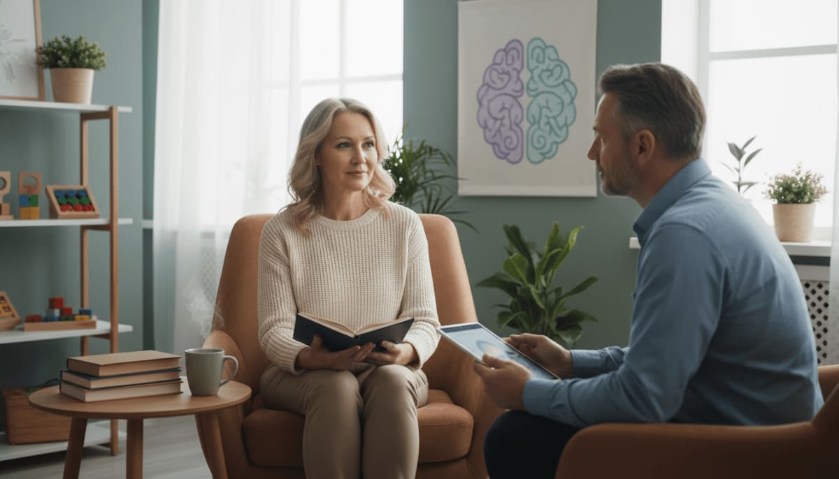 Adulto conversando com profissional em consultório