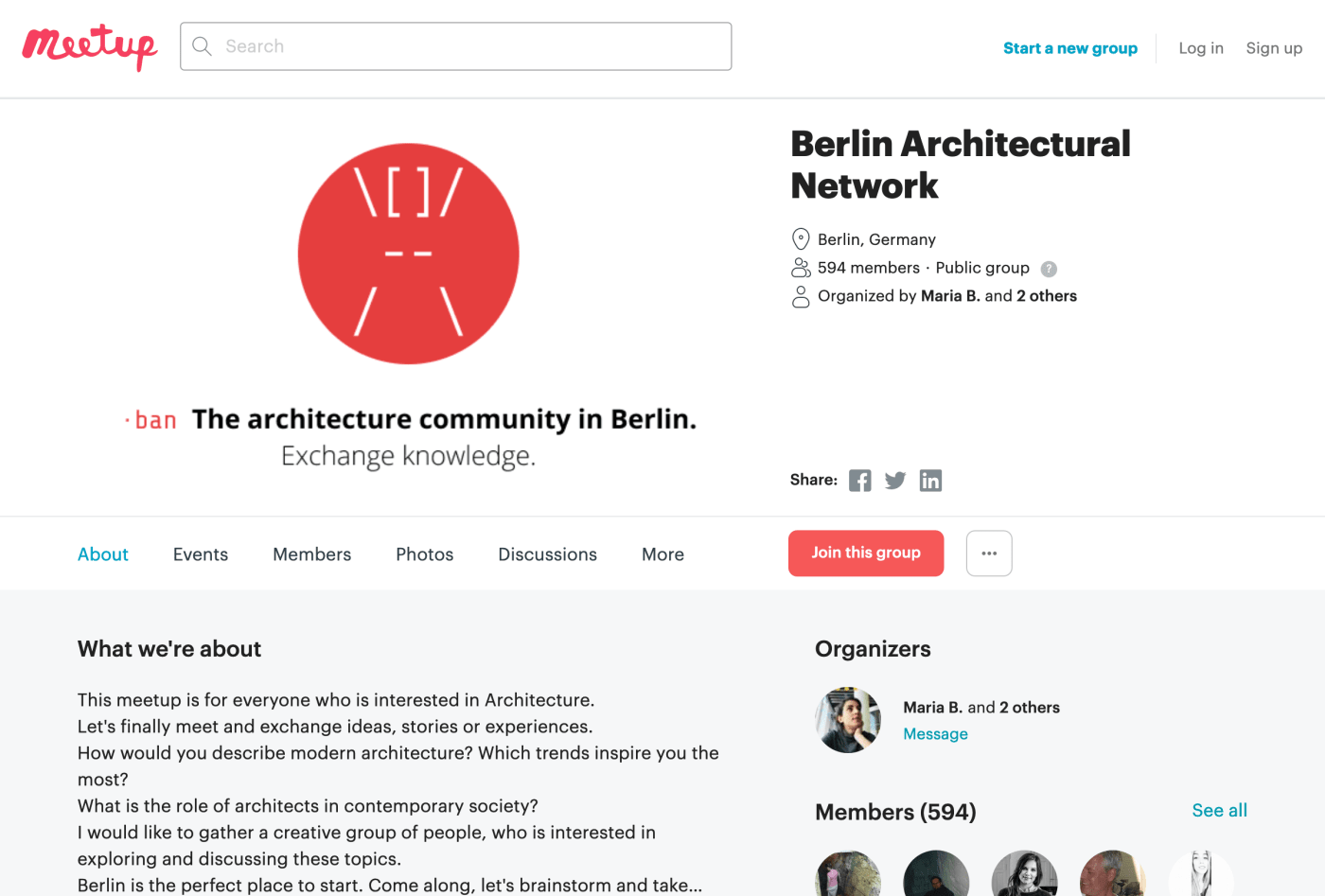 Screenshot of Berlin Architectural Network on meetup.com