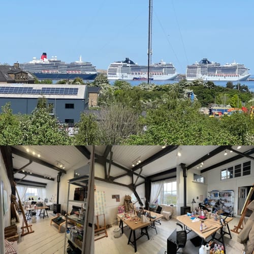 Værksted på SKABELONLOFTET med brændeovn, vask og udsigt over Øresund