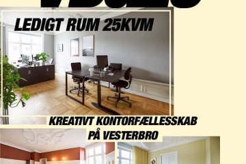 25kvm rum ledigt i stort kontorfællesskab på Vesterbro!