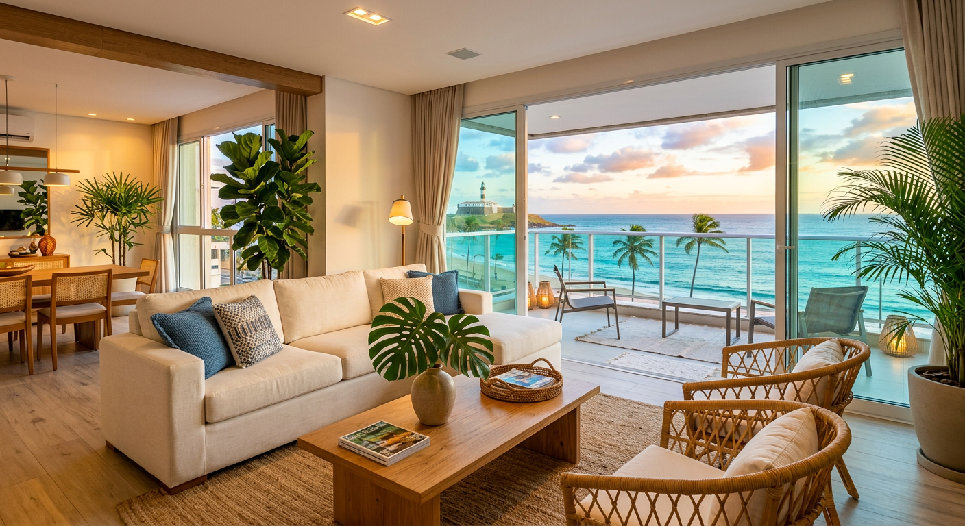 Sala de apartamento de luxo com vista para o mar em Salvador-BA