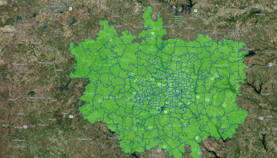 Map preview of Dallas-Fort Worth-Arlington, TX - Zip Codes