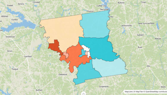 Map preview of Anderson County, TX - Population Change 2020-2023 (%)