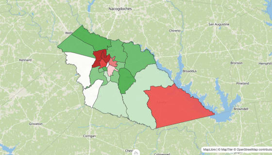 Map preview of Angelina County, TX - Population Change 2010-2023 (Total)