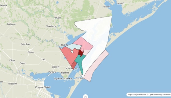 Map preview of Aransas County, TX - Population Change 2020-2023 (Total)