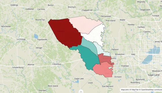 Map preview of Austin County, TX - Population Change 2020-2023 (Total)