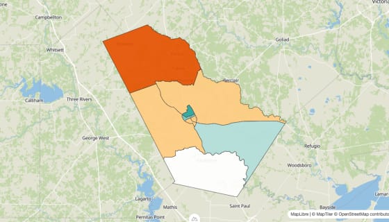 Map preview of Bee County, TX - Population Change 2010-2023 (%)
