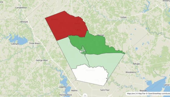 Map preview of Bee County, TX - Population Change 2010-2023 (Total)