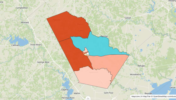 Map preview of Bee County, TX - Population Change 2020-2023 (%)