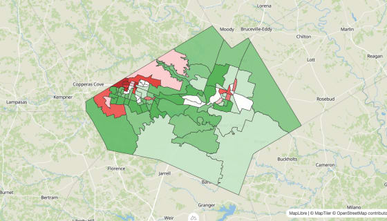 Map preview of Bell County, TX - Population Change 2010-2023 (Total)