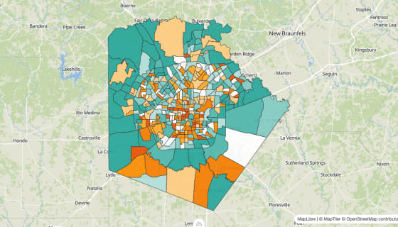 Map preview of Bexar County, TX - Population Change 2010-2023 (%)