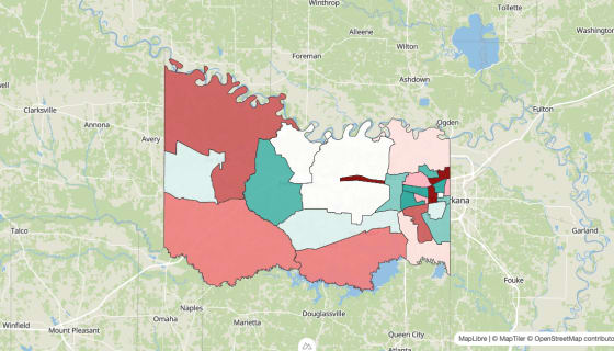 Map preview of Bowie County, TX - Population Change 2020-2023 (Total)