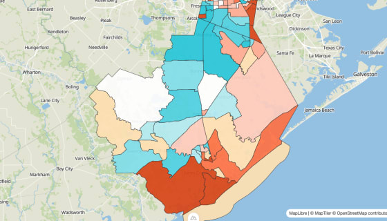 Map preview of Brazoria County, TX - Population Change 2020-2023 (%)