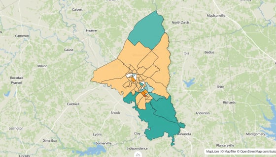 Map preview of Brazos County, TX - Population Change 2010-2023 (%)