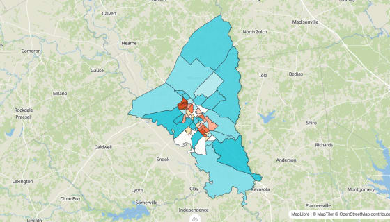 Map preview of Brazos County, TX - Population Change 2020-2023 (%)