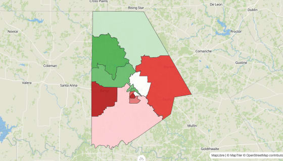 Map preview of Brown County, TX - Population Change 2010-2023 (Total)
